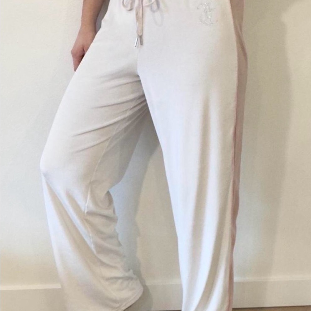 Velour Track Pants White with Pink Trim